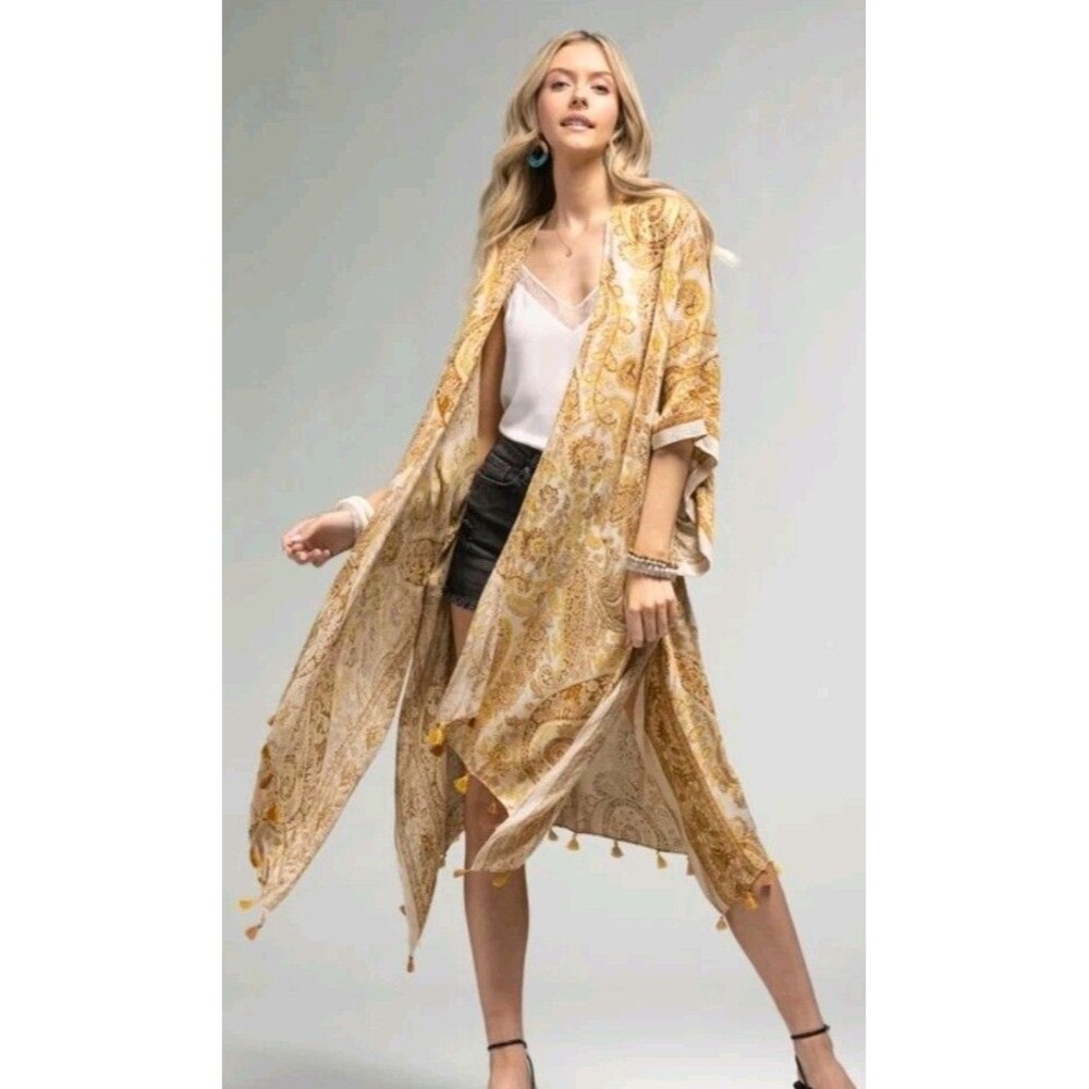 Macchia Ruggine Floral Yellow Kimono Open Front 1Size Hippie Beach Cover Duster